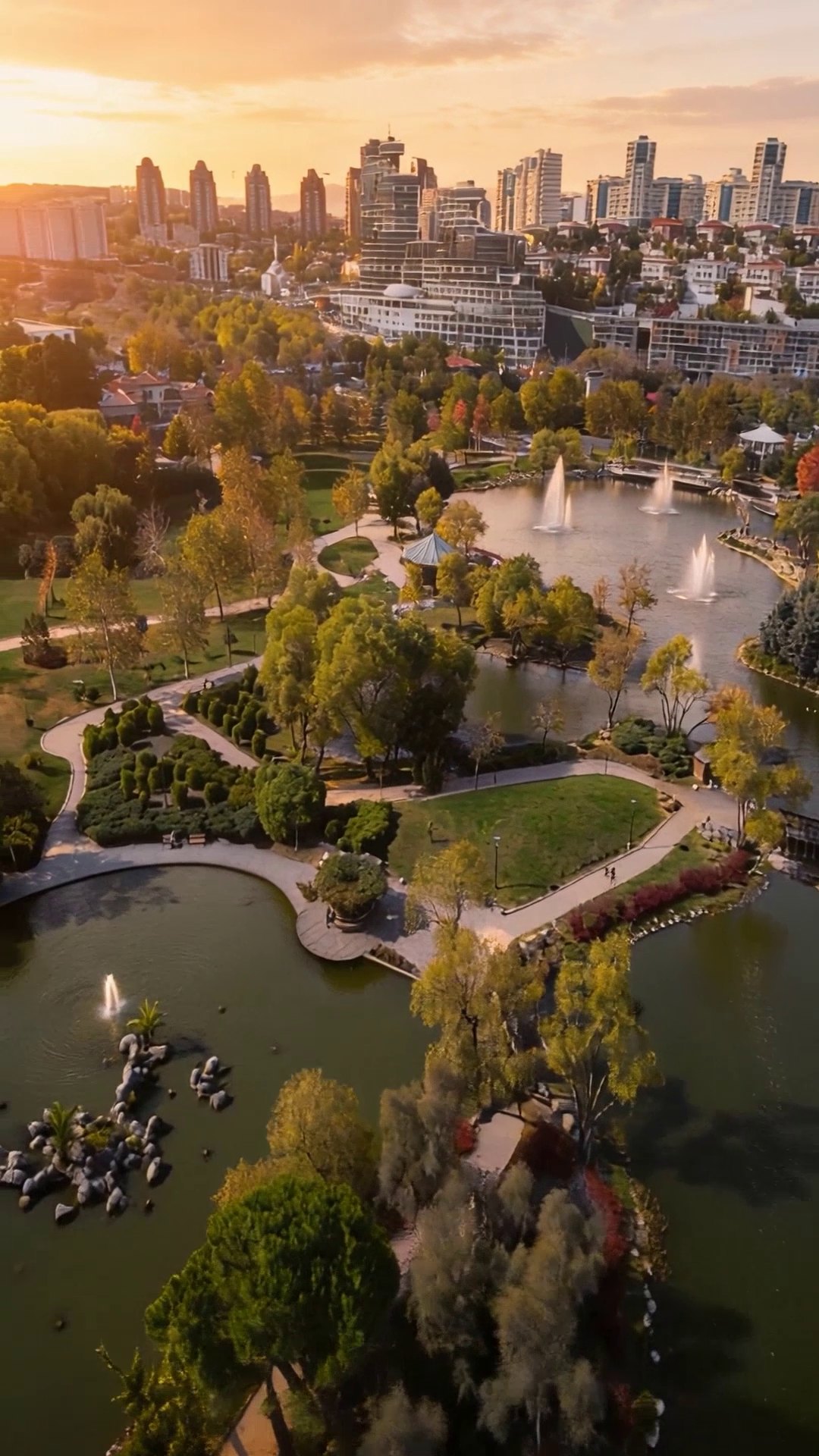 Aerial city establishing shot at golden hour