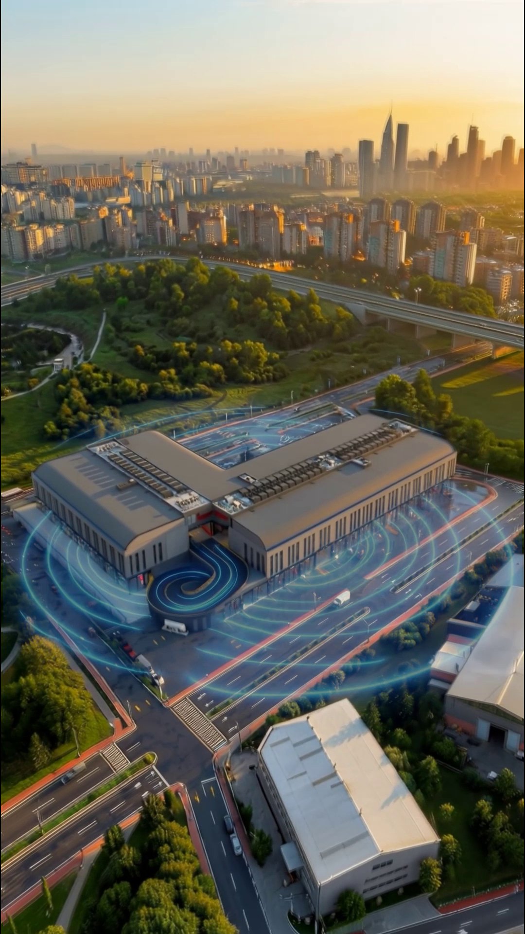 Aerial facility view with animated logistics circulation