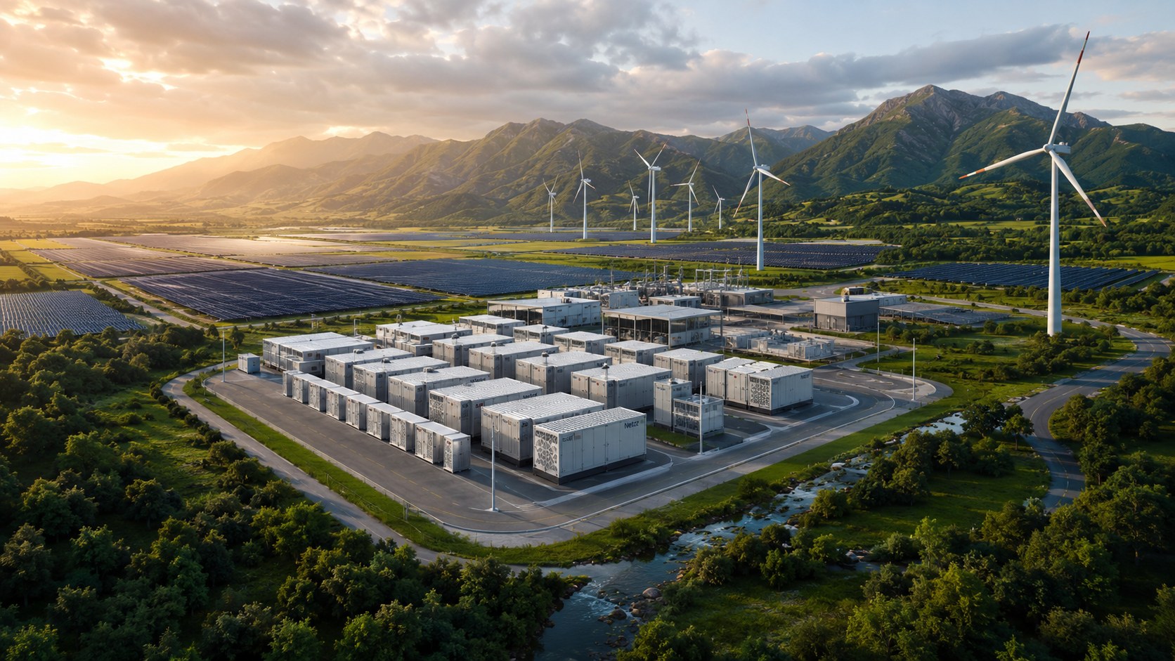 Integrated battery storage, solar and wind energy campus