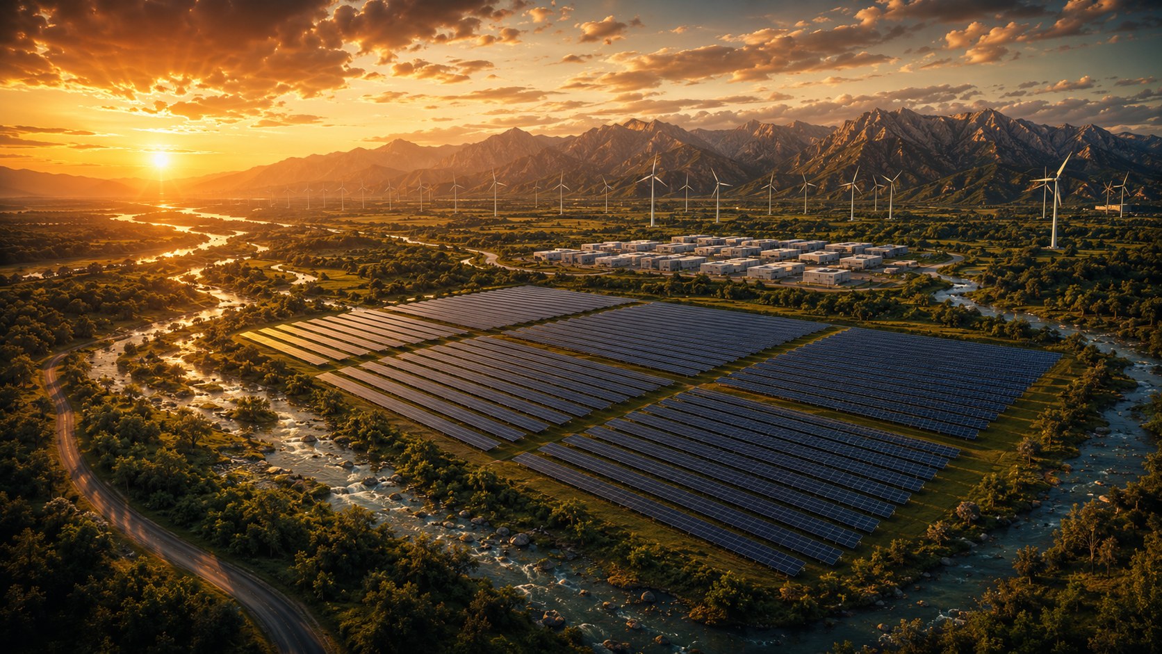 Solar and wind generation landscape at sunset