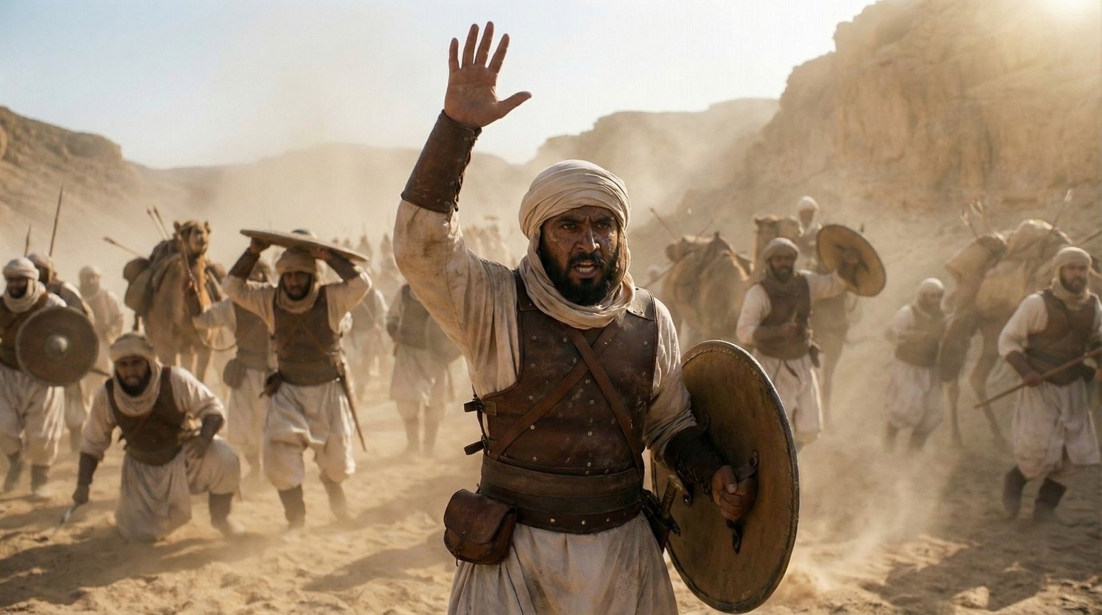 A warrior directing a group during a desert battle reconstruction