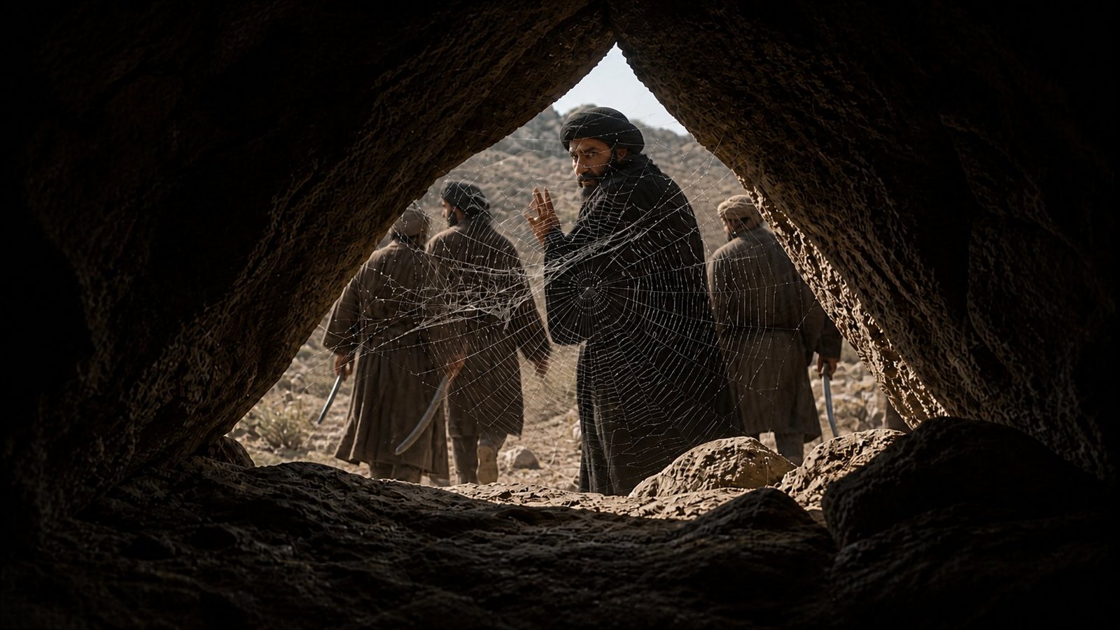 View from within a cave toward figures outside, with a spider web in the foreground