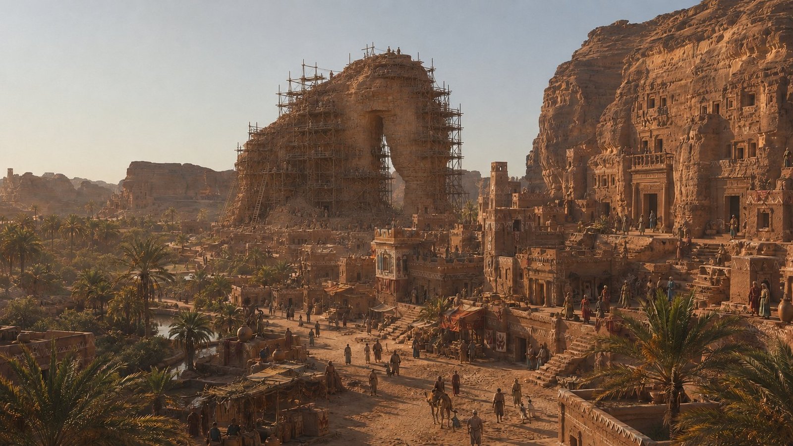 A large reconstructed ancient desert city surrounded by carved cliffs and palms