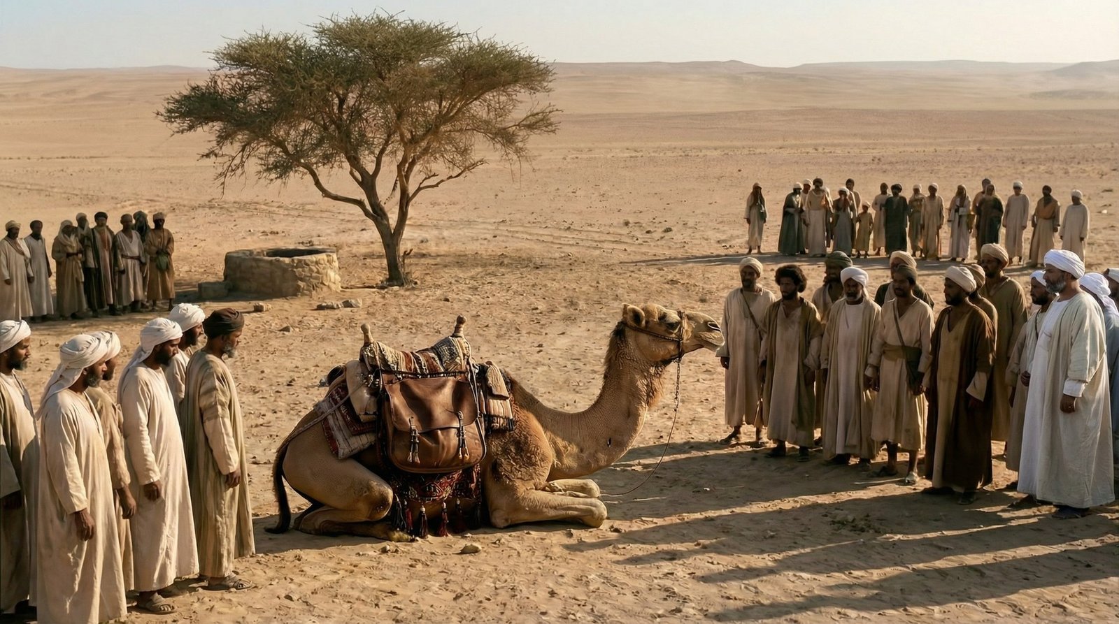 A documentary reconstruction of people gathered around a camel in a desert landscape