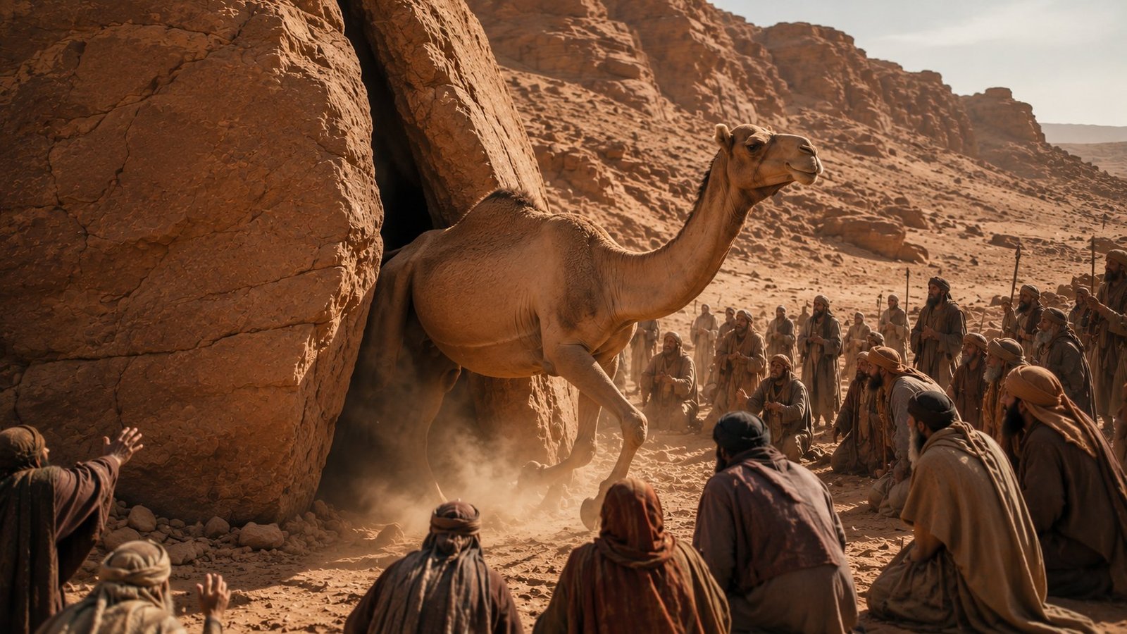 A she-camel emerging from a split rock before a gathered crowd