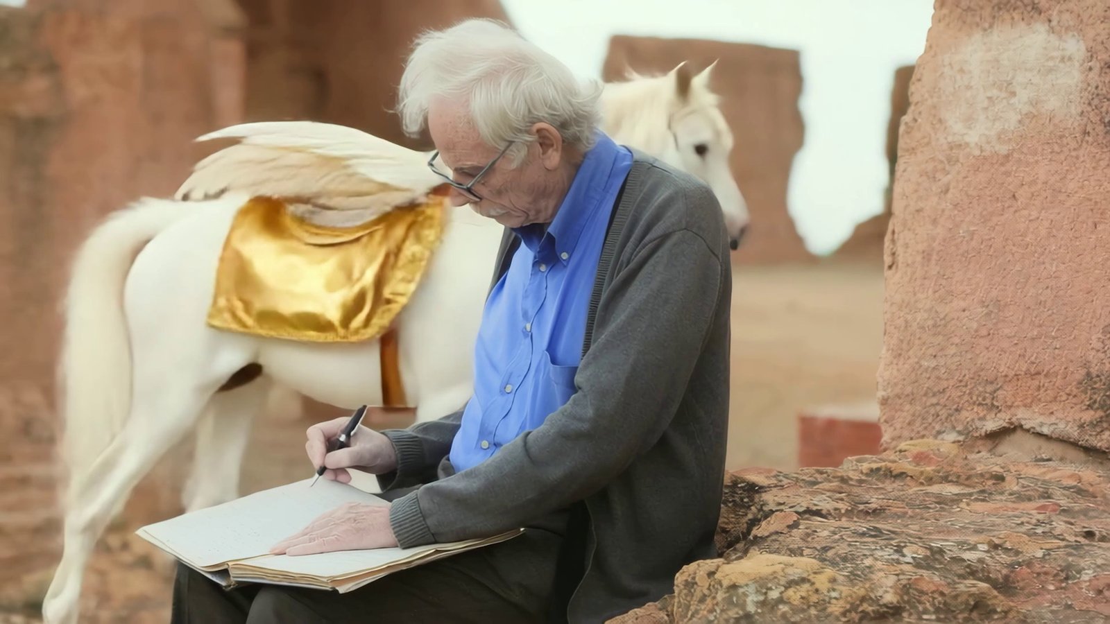 A scholar drawing beside a white winged horse at an archaeological location