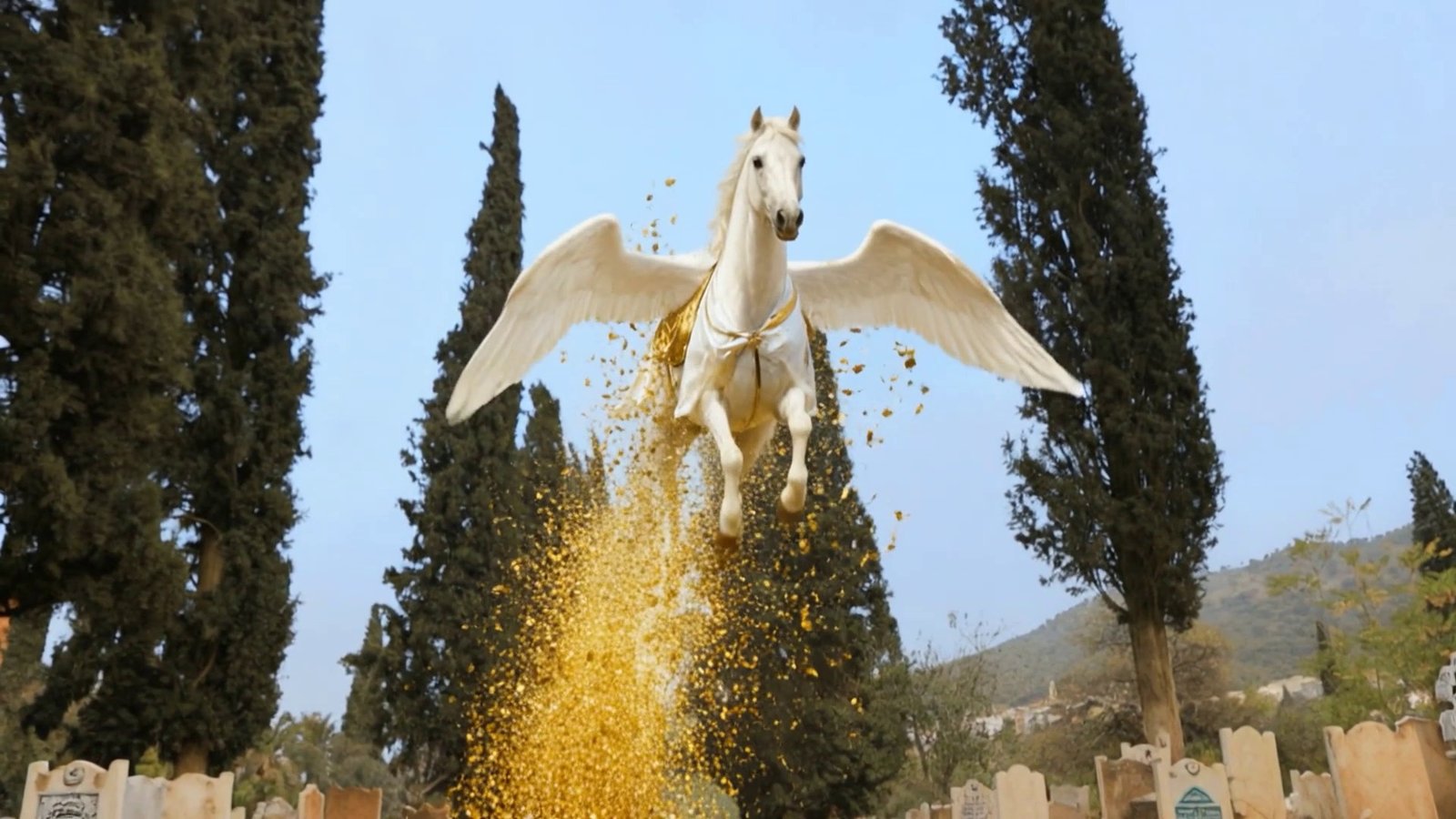 White winged horse rising through golden particles in a cemetery