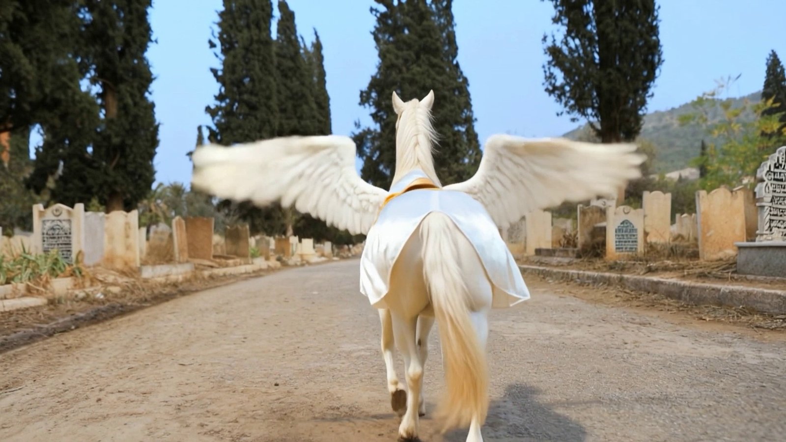 Rear view of the winged horse moving down the cemetery road