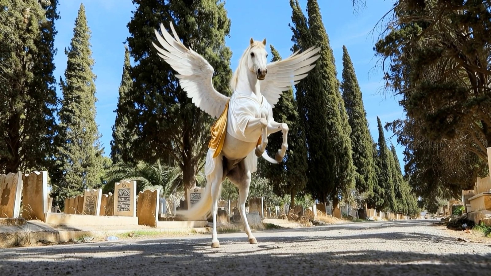 White winged horse rearing on a road between cypress trees